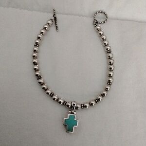 Sterling Sliver Beaded Bracelet Featuring Sterling Silver Inlaid Turquoise Cross